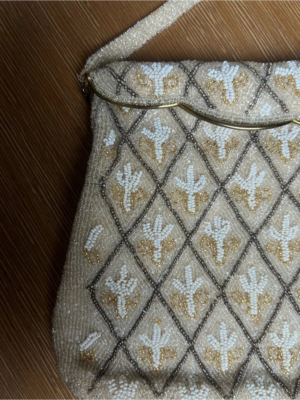 Vintage Cream White Beaded Beige Evening Shoulder Purse Western